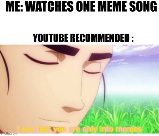 YouTube recommended be like... | ME: WATCHES ONE MEME SONG; YOUTUBE RECOMMENDED :; I see that you are only into memes | image tagged in i see you're a man of culture clean,youtube,memes,certified bruh moment,so true memes,relatable | made w/ Imgflip meme maker