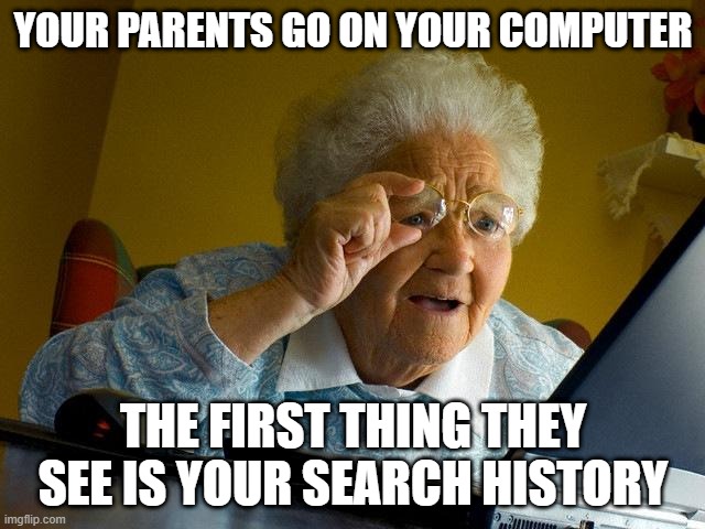 Huh? you saw my search history? | YOUR PARENTS GO ON YOUR COMPUTER; THE FIRST THING THEY SEE IS YOUR SEARCH HISTORY | image tagged in memes,grandma finds the internet | made w/ Imgflip meme maker
