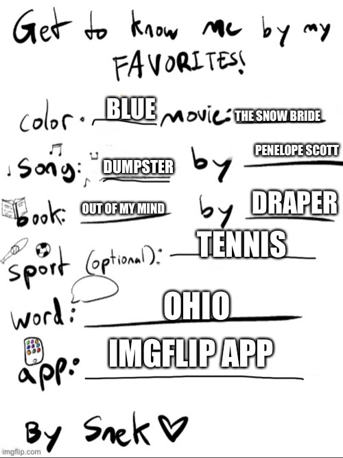 BLUE; THE SNOW BRIDE; PENELOPE SCOTT; DUMPSTER; DRAPER; OUT OF MY MIND; TENNIS; OHIO; IMGFLIP APP | image tagged in j | made w/ Imgflip meme maker