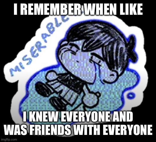 wtf happened | I REMEMBER WHEN LIKE; I KNEW EVERYONE AND WAS FRIENDS WITH EVERYONE | image tagged in miserable | made w/ Imgflip meme maker