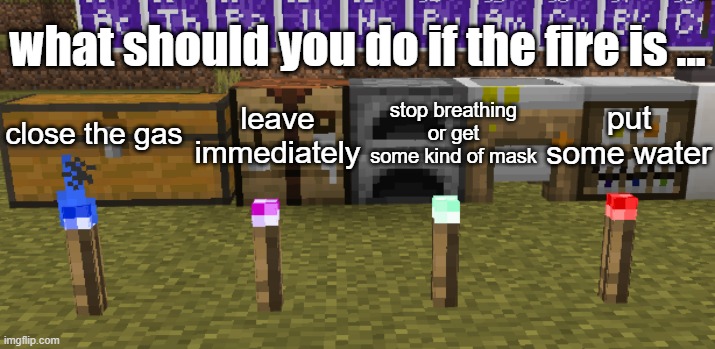 what to do in fires incase bad things happen at the ITC | what should you do if the fire is ... close the gas; leave immediately; stop breathing or get some kind of mask; put some water | image tagged in four torches | made w/ Imgflip meme maker