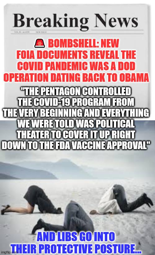 Covid FOIA bombshell news... | 🚨 BOMBSHELL: NEW FOIA DOCUMENTS REVEAL THE COVID PANDEMIC WAS A DOD OPERATION DATING BACK TO OBAMA; "THE PENTAGON CONTROLLED THE COVID-19 PROGRAM FROM THE VERY BEGINNING AND EVERYTHING WE WERE TOLD WAS POLITICAL THEATER TO COVER IT UP RIGHT DOWN TO THE FDA VACCINE APPROVAL"; AND LIBS GO INTO THEIR PROTECTIVE POSTURE... | image tagged in breaking news,ostrich head in sand | made w/ Imgflip meme maker