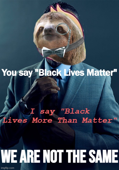 Left & Right argue over the same tired slogans. They don't see how to exit the Matrix | You say "Black Lives Matter"; I say "Black Lives More Than Matter"; We are not the same | image tagged in sloth gus fring we are not the same,b,l,a,c,k | made w/ Imgflip meme maker