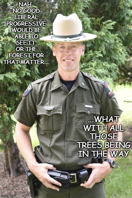 Forest Ranger | NAH- NO GOOD LIBERAL PROGRESSIVE WOULD BE ABLE TO SEE IT, OR THE FOREST FOR THAT MATTER.... ...WHAT WITH ALL THOSE TREES BEING IN THE WAY | image tagged in forest ranger | made w/ Imgflip meme maker