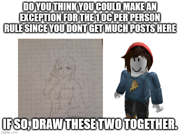 DO YOU THINK YOU COULD MAKE AN EXCEPTION FOR THE 1 OC PER PERSON RULE SINCE YOU DONT GET MUCH POSTS HERE; IF SO, DRAW THESE TWO TOGETHER. | made w/ Imgflip meme maker