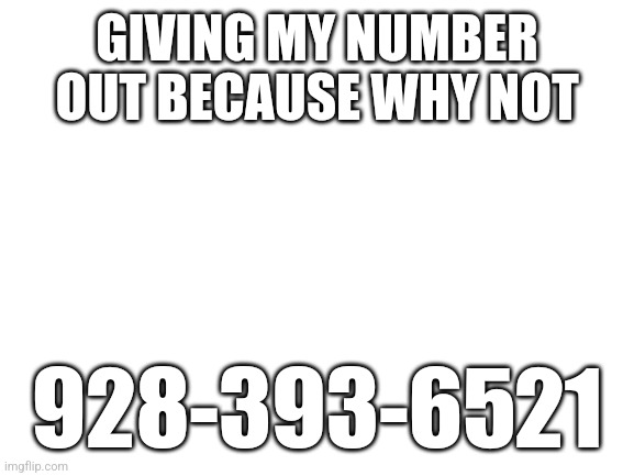 Blank White Template | GIVING MY NUMBER OUT BECAUSE WHY NOT; 928-393-6521 | image tagged in blank white template | made w/ Imgflip meme maker