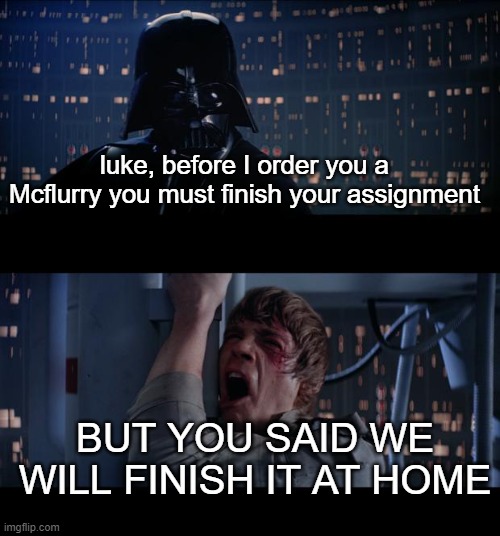 WHY MOM WHY | luke, before I order you a Mcflurry you must finish your assignment; BUT YOU SAID WE WILL FINISH IT AT HOME | image tagged in memes,star wars no,relatable | made w/ Imgflip meme maker