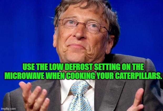 bill gates | USE THE LOW DEFROST SETTING ON THE MICROWAVE WHEN COOKING YOUR CATERPILLARS. | image tagged in bill gates | made w/ Imgflip meme maker