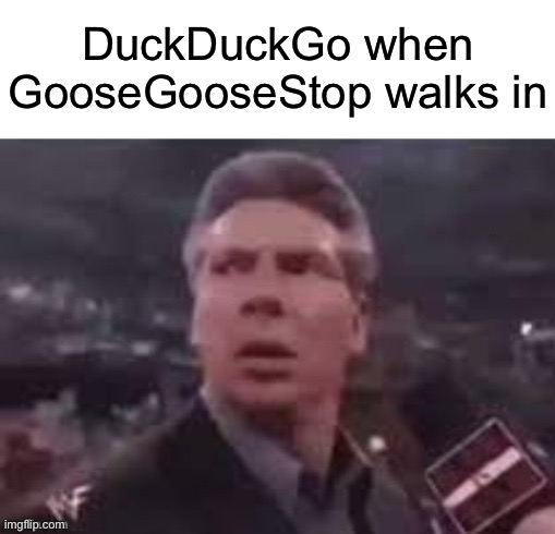 x when x walks in | DuckDuckGo when GooseGooseStop walks in | image tagged in x when x walks in,vince mcmahon,wwe,websites,memes,funny | made w/ Imgflip meme maker