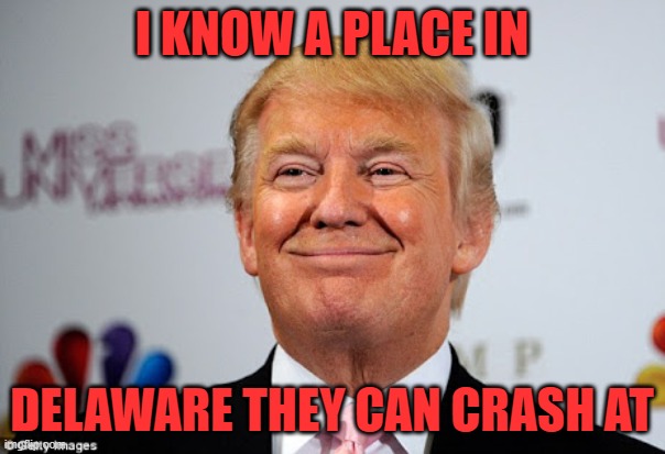 Donald trump approves | I KNOW A PLACE IN DELAWARE THEY CAN CRASH AT | image tagged in donald trump approves | made w/ Imgflip meme maker