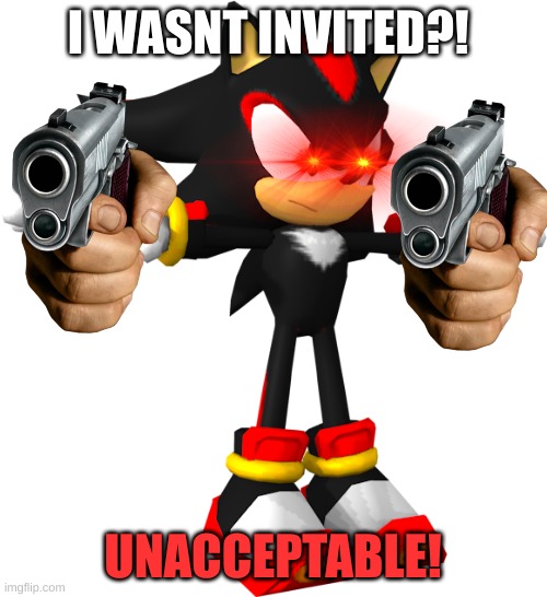 shadow the hedgehog t pose | I WASNT INVITED?! UNACCEPTABLE! | image tagged in shadow the hedgehog t pose | made w/ Imgflip meme maker