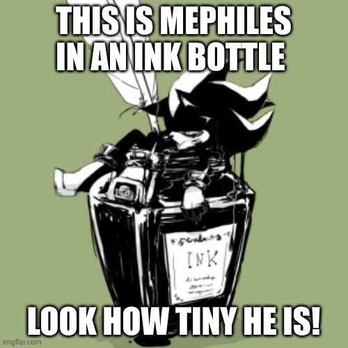 Mephiles in a ink bottle | THIS IS MEPHILES IN AN INK BOTTLE LOOK HOW TINY HE IS! | image tagged in mephiles in a ink bottle | made w/ Imgflip meme maker