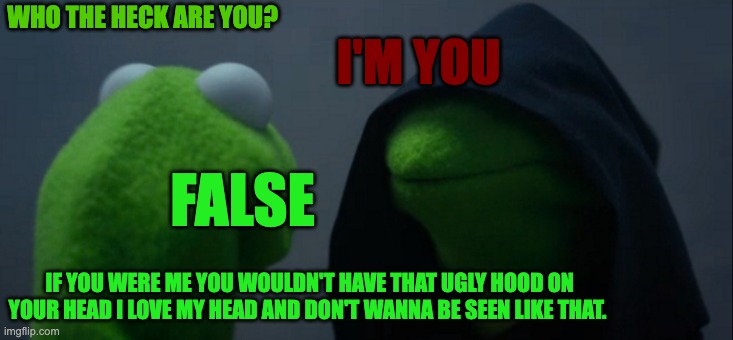 Evil Kermit | WHO THE HECK ARE YOU? I'M YOU; FALSE; IF YOU WERE ME YOU WOULDN'T HAVE THAT UGLY HOOD ON YOUR HEAD I LOVE MY HEAD AND DON'T WANNA BE SEEN LIKE THAT. | image tagged in memes,evil kermit | made w/ Imgflip meme maker