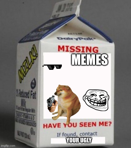 Milk carton | MEMES; YOUR UGLY | image tagged in milk carton | made w/ Imgflip meme maker