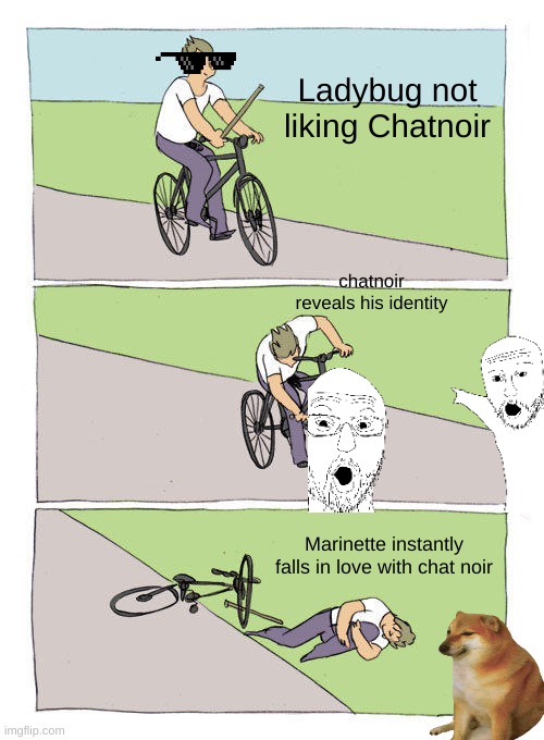 Bike Fall | Ladybug not liking Chatnoir; chatnoir reveals his identity; Marinette instantly falls in love with chat noir | image tagged in memes,bike fall | made w/ Imgflip meme maker