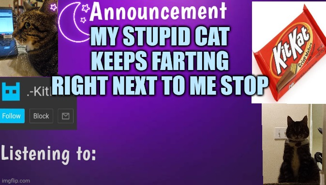 Kitty's announcment temp V3 | MY STUPID CAT KEEPS FARTING RIGHT NEXT TO ME STOP | image tagged in kitty's announcment temp v3 | made w/ Imgflip meme maker