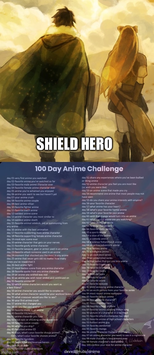 Day 37: it made me happy with my life | SHIELD HERO | image tagged in 100 day anime challenge | made w/ Imgflip meme maker