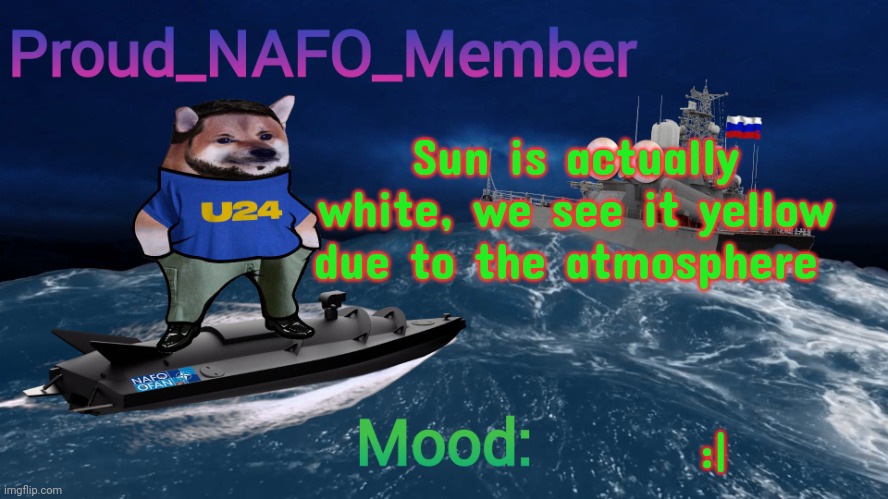 Proud_NAFO_Member annoucment template | Sun is actually white, we see it yellow due to the atmosphere; :| | image tagged in proud_nafo_member annoucment template | made w/ Imgflip meme maker