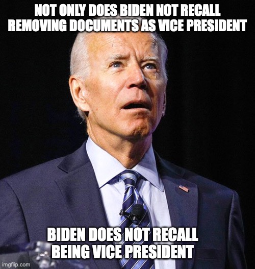 Joe Biden | NOT ONLY DOES BIDEN NOT RECALL REMOVING DOCUMENTS AS VICE PRESIDENT; BIDEN DOES NOT RECALL BEING VICE PRESIDENT | image tagged in joe biden,classified,documents | made w/ Imgflip meme maker