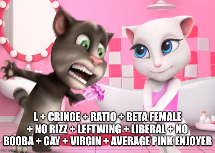 talking tom pressed | L + CRINGE + RATIO + BETA FEMALE + NO RIZZ + LEFTWING + LIBERAL + NO BOOBA + GAY + VIRGIN + AVERAGE PINK ENJOYER | image tagged in talking shit,cats,cute cat,game | made w/ Imgflip meme maker