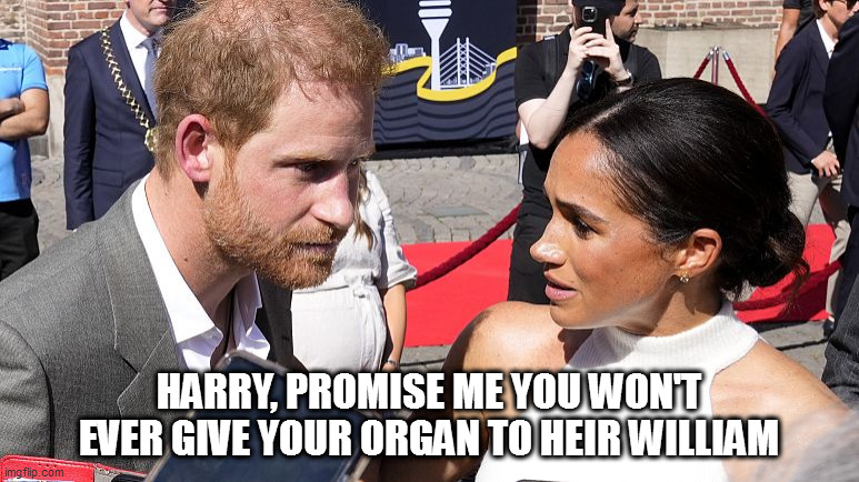 prince harry | HARRY, PROMISE ME YOU WON'T EVER GIVE YOUR ORGAN TO HEIR WILLIAM | image tagged in royals,royal,royal family,british royals,prince harry,meghan markle | made w/ Imgflip meme maker