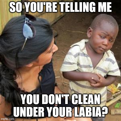 When women say circumcision is cleaner | SO YOU'RE TELLING ME; YOU DON'T CLEAN UNDER YOUR LABIA? | image tagged in so youre telling me | made w/ Imgflip meme maker