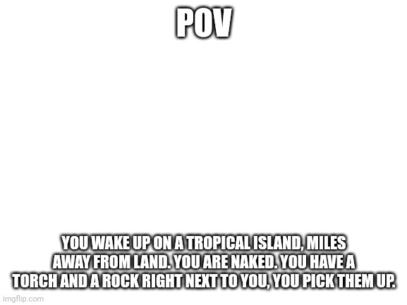 Blank White Template | POV; YOU WAKE UP ON A TROPICAL ISLAND, MILES AWAY FROM LAND. YOU ARE NAKED. YOU HAVE A TORCH AND A ROCK RIGHT NEXT TO YOU, YOU PICK THEM UP. | image tagged in blank white template | made w/ Imgflip meme maker