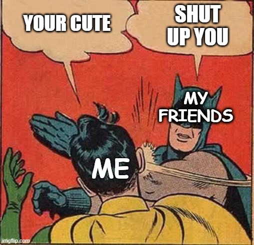 Batman Slapping Robin | SHUT UP YOU; YOUR CUTE; MY FRIENDS; ME | image tagged in memes,batman slapping robin | made w/ Imgflip meme maker