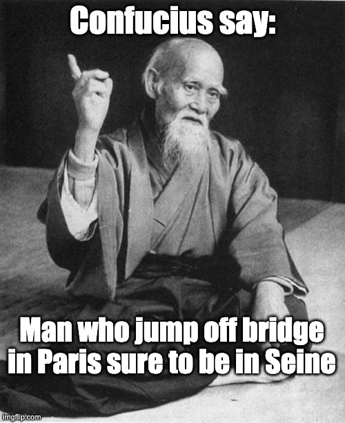 Confucius say | Confucius say:; Man who jump off bridge in Paris sure to be in Seine | image tagged in confucius say | made w/ Imgflip meme maker