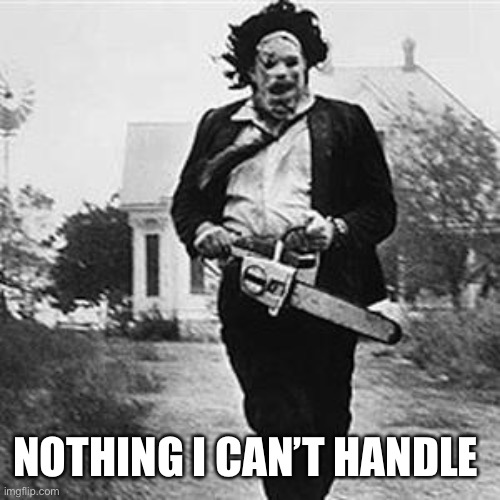 Leatherface  | NOTHING I CAN’T HANDLE | image tagged in leatherface | made w/ Imgflip meme maker