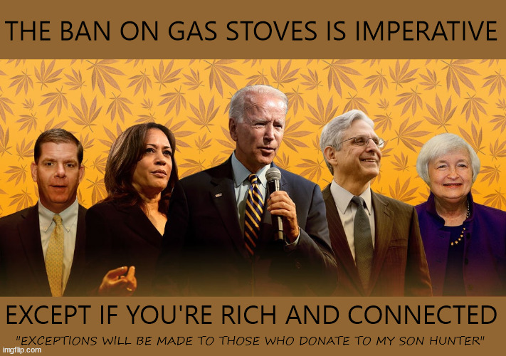 Gas Lighgting Your Stove | THE BAN ON GAS STOVES IS IMPERATIVE; EXCEPT IF YOU'RE RICH AND CONNECTED; "EXCEPTIONS WILL BE MADE TO THOSE WHO DONATE TO MY SON HUNTER" | image tagged in slo_joe,hungter,gas,gas stove | made w/ Imgflip meme maker