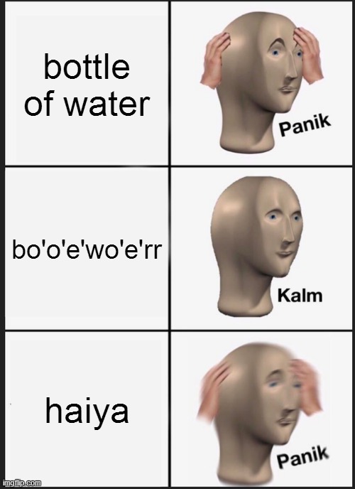 haiya | bottle of water; bo'o'e'wo'e'rr; haiya | image tagged in memes,panik kalm panik | made w/ Imgflip meme maker