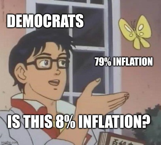 Is This A Pigeon Meme | DEMOCRATS; 79% INFLATION; IS THIS 8% INFLATION? | image tagged in memes,is this a pigeon | made w/ Imgflip meme maker