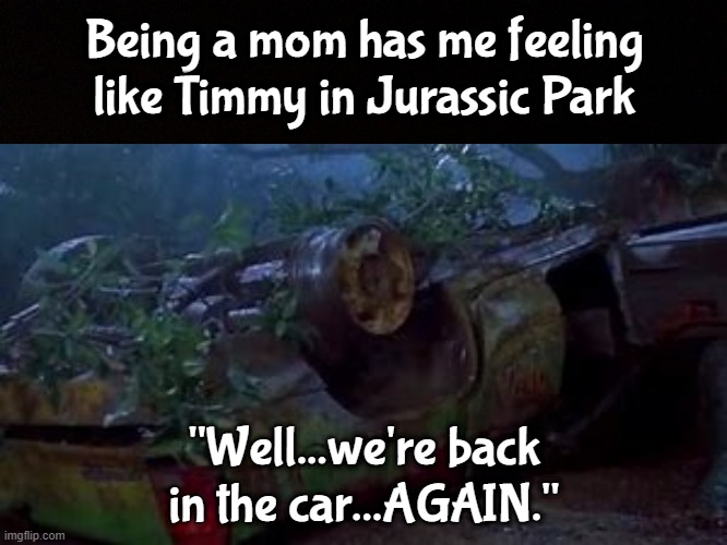 Back in the Car | Being a mom has me feeling like Timmy in Jurassic Park; "Well...we're back in the car...AGAIN." | image tagged in mom,parenting,jurassic park | made w/ Imgflip meme maker