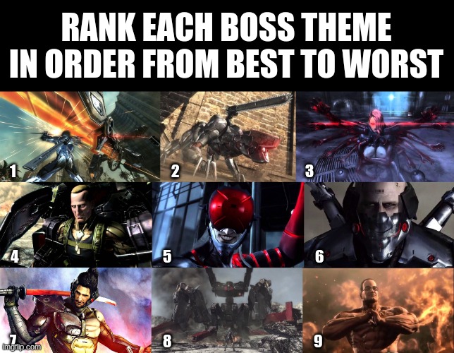 RANK EACH BOSS THEME IN ORDER FROM BEST TO WORST; 1; 2; 3; 4; 5; 6; 7; 8; 9 | made w/ Imgflip meme maker