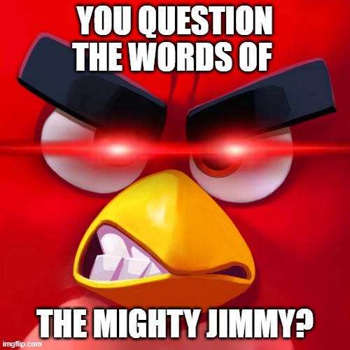 OH NO | YOU QUESTION THE WORDS OF; THE MIGHTY JIMMY? | image tagged in funny memes | made w/ Imgflip meme maker