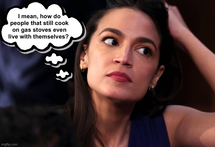 Watch out:  After she conquers your gas stove, she’ll come after your toilets next! | I mean, how do people that still cook on gas stoves even live with themselves? | image tagged in deep thoughts with aoc | made w/ Imgflip meme maker