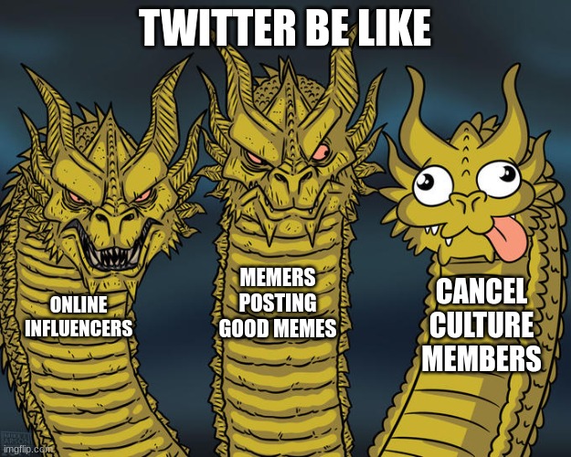 wow! toxic fanbase evolved into cancel culture! | TWITTER BE LIKE; MEMERS POSTING GOOD MEMES; CANCEL CULTURE MEMBERS; ONLINE INFLUENCERS | image tagged in three-headed dragon | made w/ Imgflip meme maker