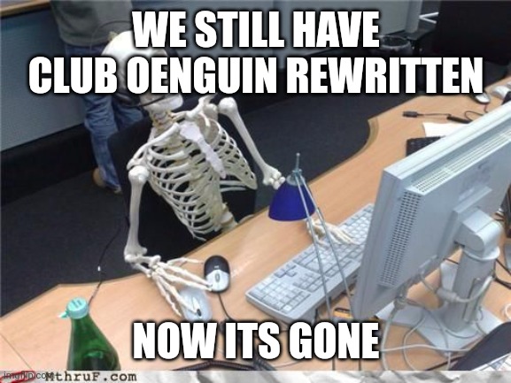 Skeleton Computer | WE STILL HAVE CLUB OENGUIN REWRITTEN NOW ITS GONE | image tagged in skeleton computer | made w/ Imgflip meme maker