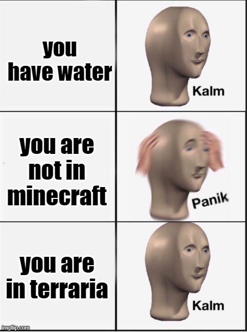 Reverse kalm panik | you have water you are not in minecraft you are in terraria | image tagged in reverse kalm panik | made w/ Imgflip meme maker
