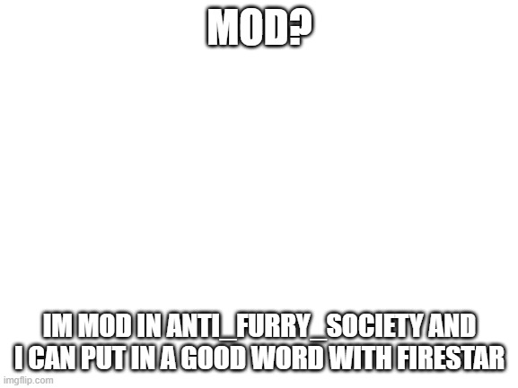 also i can lead raids | MOD? IM MOD IN ANTI_FURRY_SOCIETY AND I CAN PUT IN A GOOD WORD WITH FIRESTAR | image tagged in blank white template | made w/ Imgflip meme maker