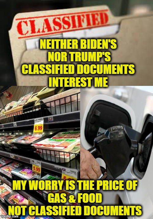 Why is this important? |  NEITHER BIDEN'S
 NOR TRUMP'S
CLASSIFIED DOCUMENTS
INTEREST ME; MY WORRY IS THE PRICE OF
 GAS & FOOD 
NOT CLASSIFIED DOCUMENTS | image tagged in waste of time | made w/ Imgflip meme maker
