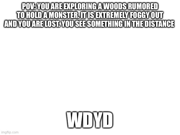 No OP OCs or Joke OCs | POV: YOU ARE EXPLORING A WOODS RUMORED TO HOLD A MONSTER. IT IS EXTREMELY FOGGY OUT AND YOU ARE LOST. YOU SEE SOMETHING IN THE DISTANCE; WDYD | image tagged in blank white template | made w/ Imgflip meme maker