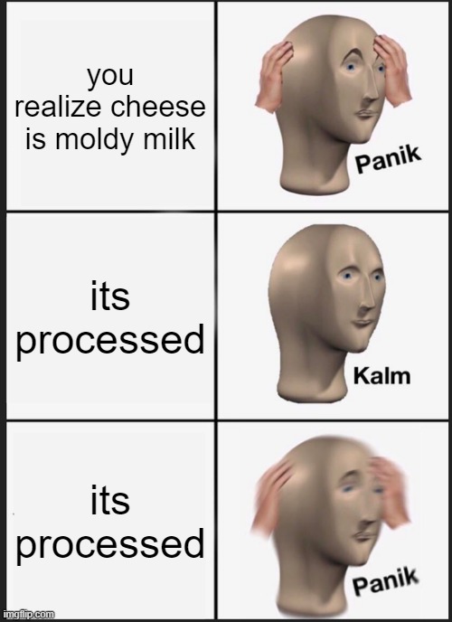 Cheese | you realize cheese is moldy milk; its processed; its processed | image tagged in memes,panik kalm panik | made w/ Imgflip meme maker