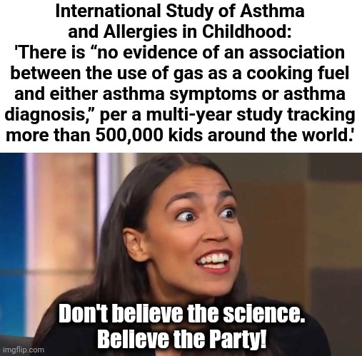 Don't believe the science.  Believe the Party! | International Study of Asthma and Allergies in Childhood:
'There is “no evidence of an association between the use of gas as a cooking fuel and either asthma symptoms or asthma diagnosis,” per a multi-year study tracking
more than 500,000 kids around the world.'; Don't believe the science.
Believe the Party! | image tagged in crazy aoc,gas stoves,asthma,democrats,joe biden,ban | made w/ Imgflip meme maker