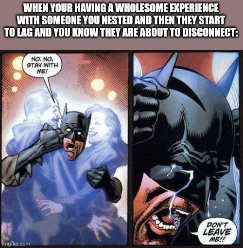Batman don't leave me | WHEN YOUR HAVING A WHOLESOME EXPERIENCE WITH SOMEONE YOU NESTED AND THEN THEY START TO LAG AND YOU KNOW THEY ARE ABOUT TO DISCONNECT: | image tagged in batman don't leave me | made w/ Imgflip meme maker