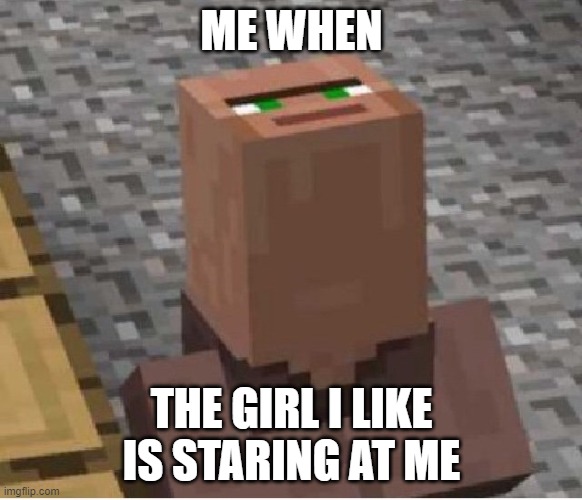 made in art class | ME WHEN; THE GIRL I LIKE IS STARING AT ME | image tagged in minecraft villager looking up,funny,meme,memes | made w/ Imgflip meme maker