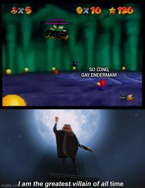 SO LONG, GAY ENDERMAN! *SCREAMING ENDERMAN NOISES* | image tagged in so long gay bowser,i am the greatest villain of all time | made w/ Imgflip meme maker