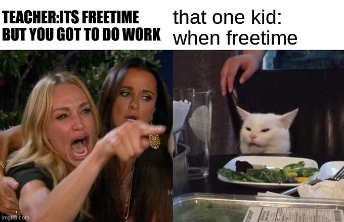 Teaching moment | TEACHER:ITS FREETIME BUT YOU GOT TO DO WORK; that one kid: when freetime | image tagged in memes,woman yelling at cat | made w/ Imgflip meme maker