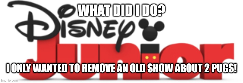 Another Disney Junior 2011 | WHAT DID I DO? I ONLY WANTED TO REMOVE AN OLD SHOW ABOUT 2 PUGS! | image tagged in another disney junior 2011 | made w/ Imgflip meme maker